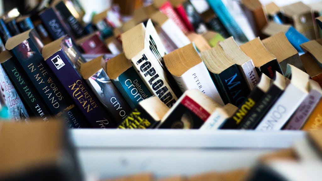 A close-up view of various books in a slightly tilted bookshelf.
