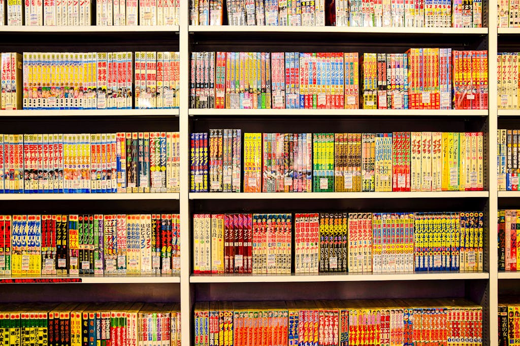 Vibrant shelves filled with Japanese manga in a bookstore. Perfect for comic enthusiasts.